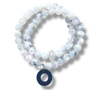 Classic White Marbled Beaded Lightweight Necklace with Blue Glass Pendant 16”